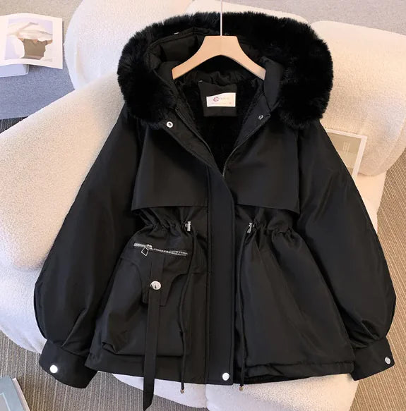 Women's Elegant Fleece-Lined Hooded Cotton Jacket