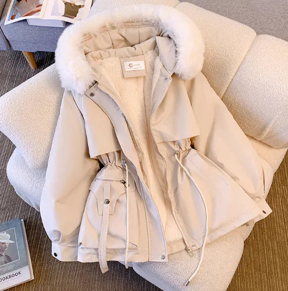Women's Elegant Fleece-Lined Hooded Cotton Jacket