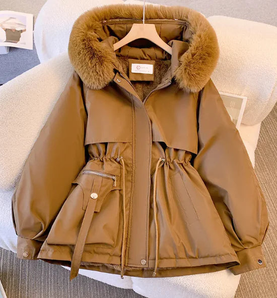 Women's Elegant Fleece-Lined Hooded Cotton Jacket